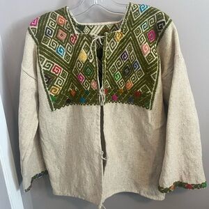 Handwoven Natural Cotton Blouse with Olive Multicolor Embroidery